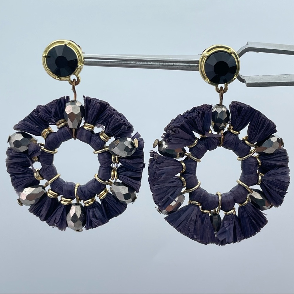 Purple Beaded Tassel Hoop Earrings with Faceted Beads & Gold Accents